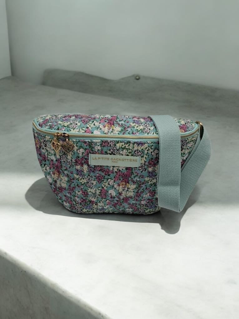 Sac banane en coton liberty fleuri turquoise « La Ptite cachottière »