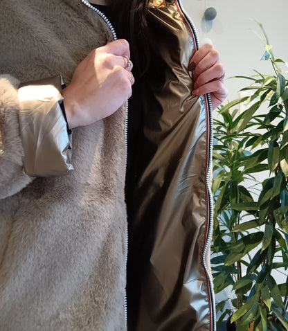 Melya Melody - Manteau long fourré fausse fourrure réversible imperméable doré - Curvy