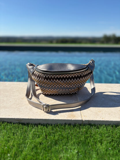 Sac banane simili cuir et tissu argenté