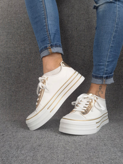 Chaussures baskets basses semelle compensée simili blanc style converse
