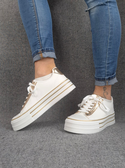Chaussures baskets basses semelle compensée simili blanc style converse