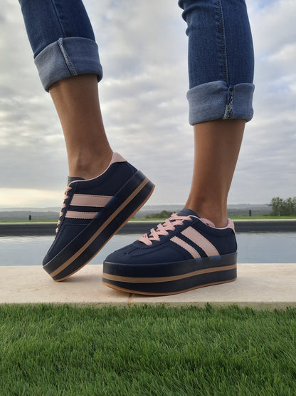 Baskets Compensées Bleu Marine Rose Femme - Style Campus Sneakers