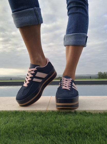 Baskets Compensées Bleu Marine Rose Femme - Style Campus Sneakers