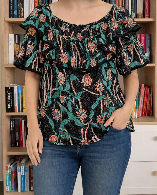 Blouse Florale Noire à Col Volanté – Chemisier Élégant Femme Le Petit Placard