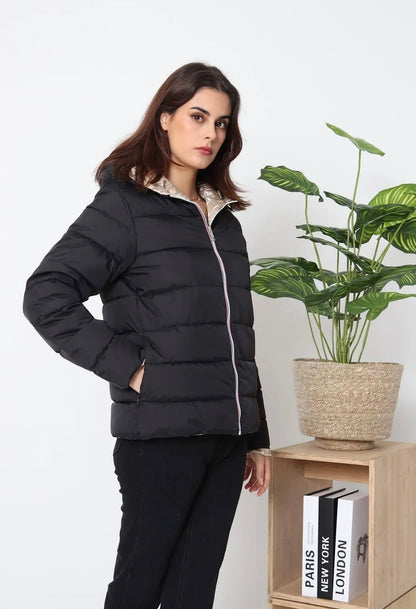 Nouveautés - Doudoune courte FEMME imperméable, matelassé noir et réversible doré