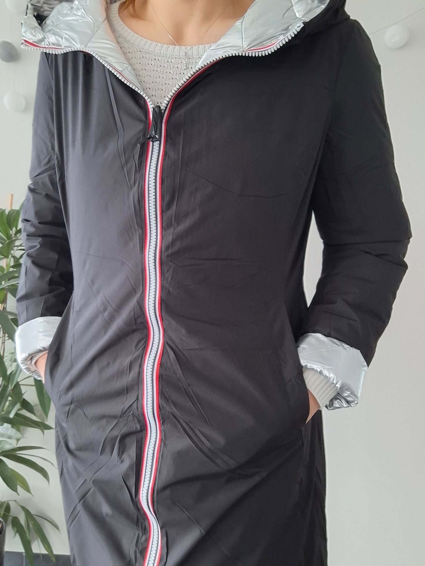 Doudoune manteau imperméable long noir réversible matelassé argenté