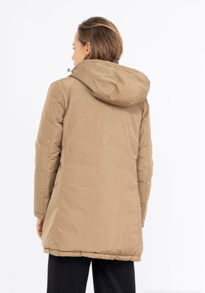 Manteau long réversible et imperméable matelassé camel marron/doré