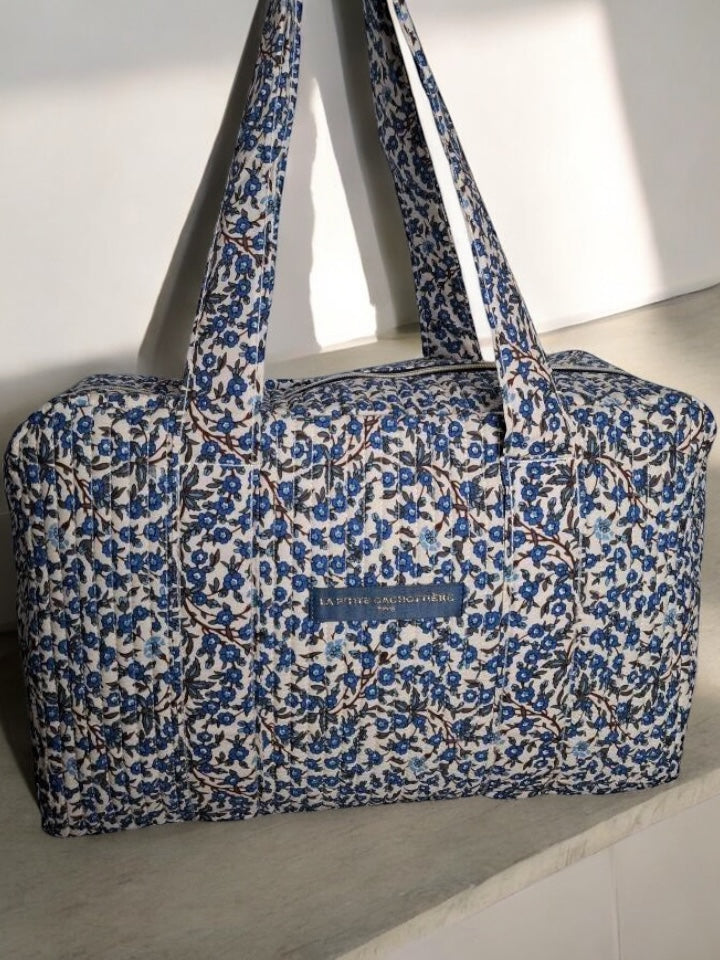 Sac week end de voyage polochon coton matelassé imprimé fleuri bleu marine