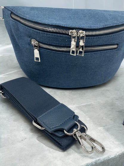 Sac banane tissu jean bleu foncé 2 poches