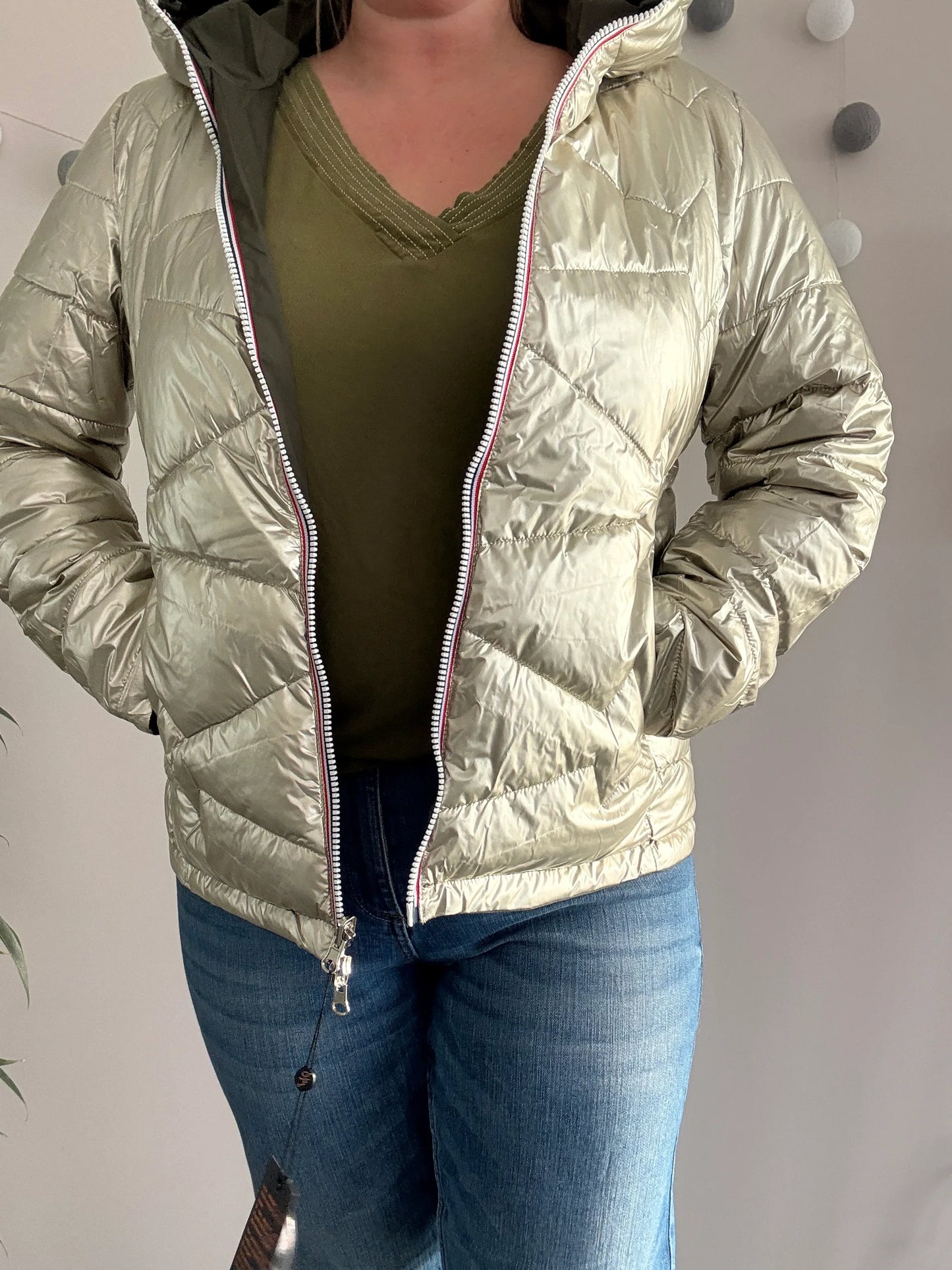 Laura Jo - Manteau doudoune courte matelassé réversible imperméable kaki doré avec capuche