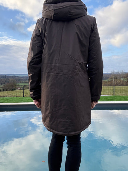 Laura Jo - Imperméable fourré long fausse fourrure marron chocolat intérieur sherpa beige