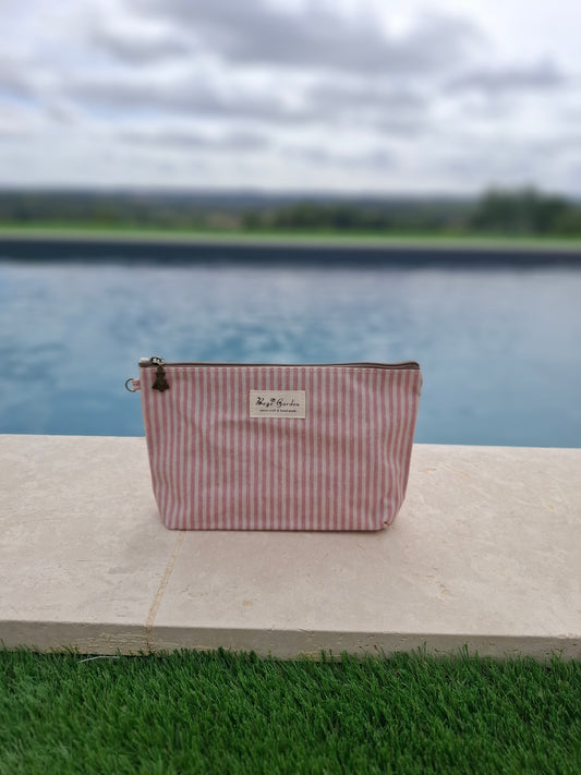 Pochette trousse en tissu imperméabilisé rose et blanc