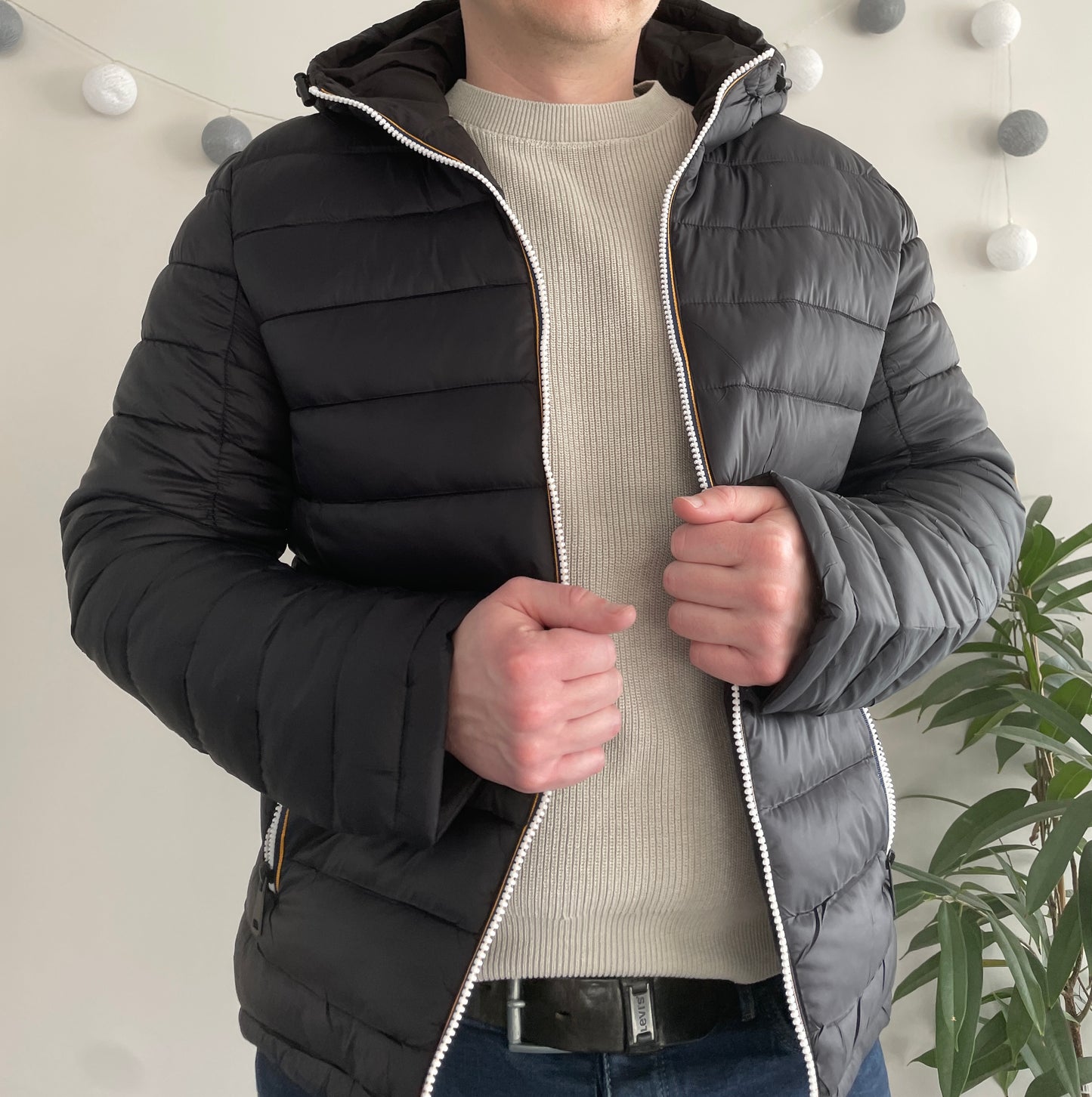 Doudoune à capuche HOMME courte imperméable et réversible matelassé noir