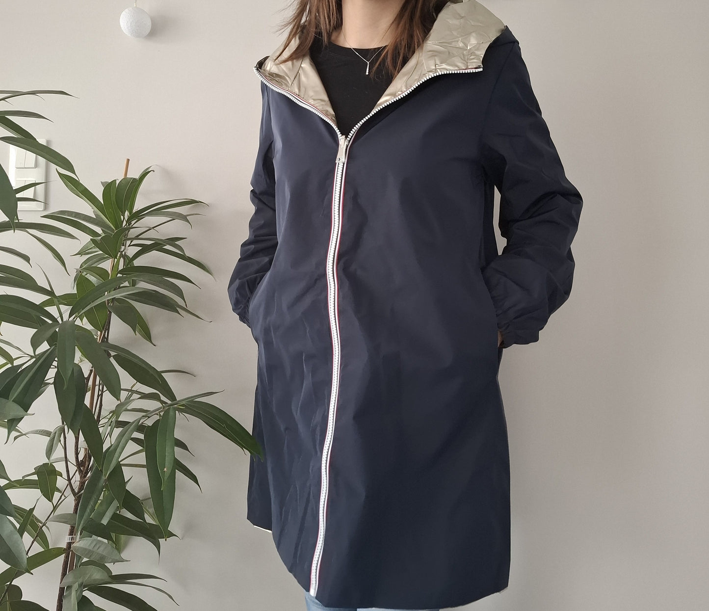 Melya Melody - Manteau léger long réversible imperméable bleu marine doré