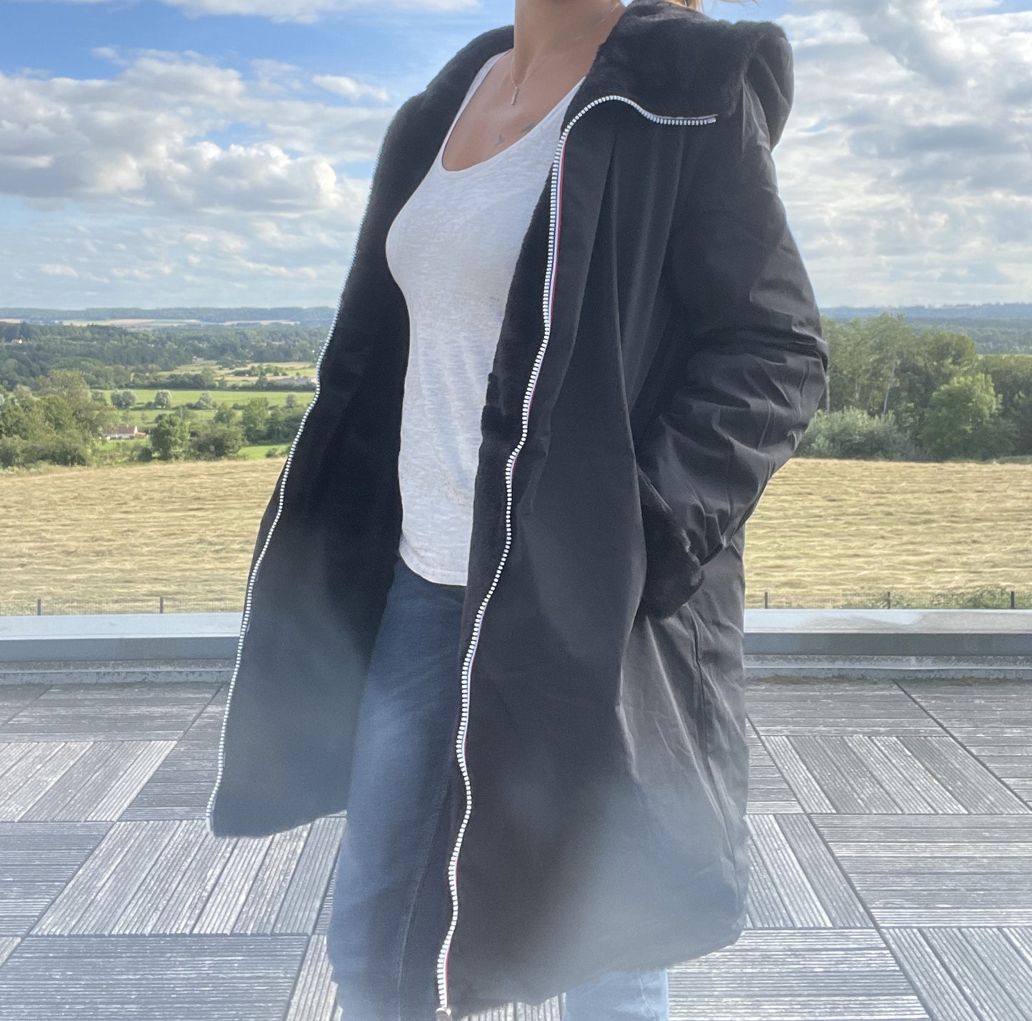 Melya Melody - Manteau long fourré fausse fourrure réversible imperméable noir - Curvy