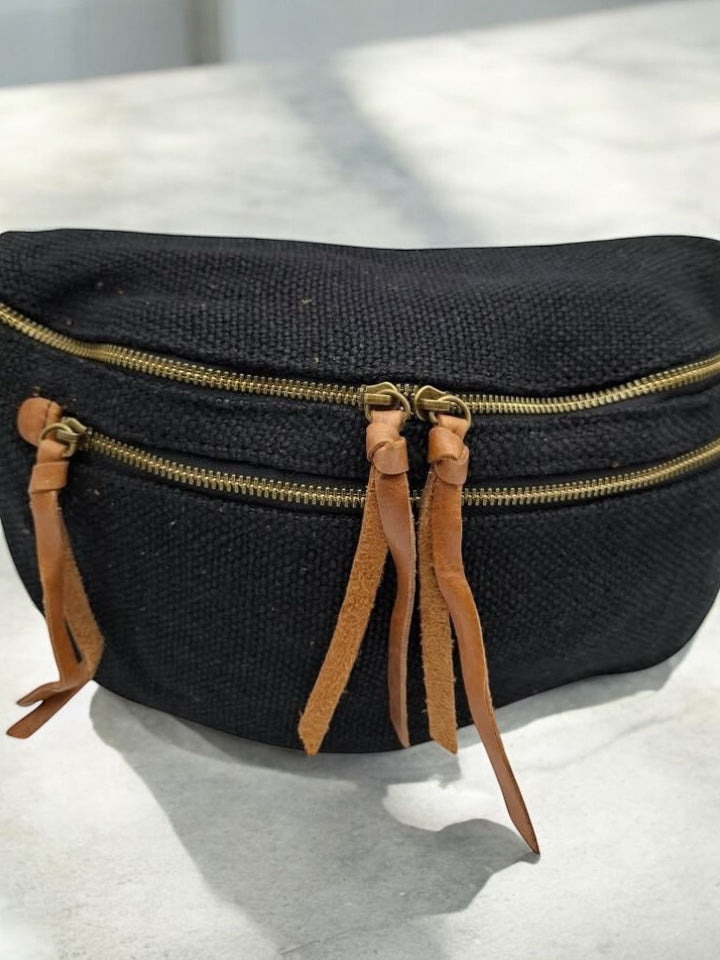 Nouveautés - Sac banane en jute noir 2 poches doubles curseurs