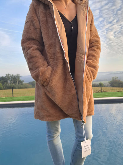 New Lolo - Manteau long camel clair fourré complet réversible imperméable - Curvy