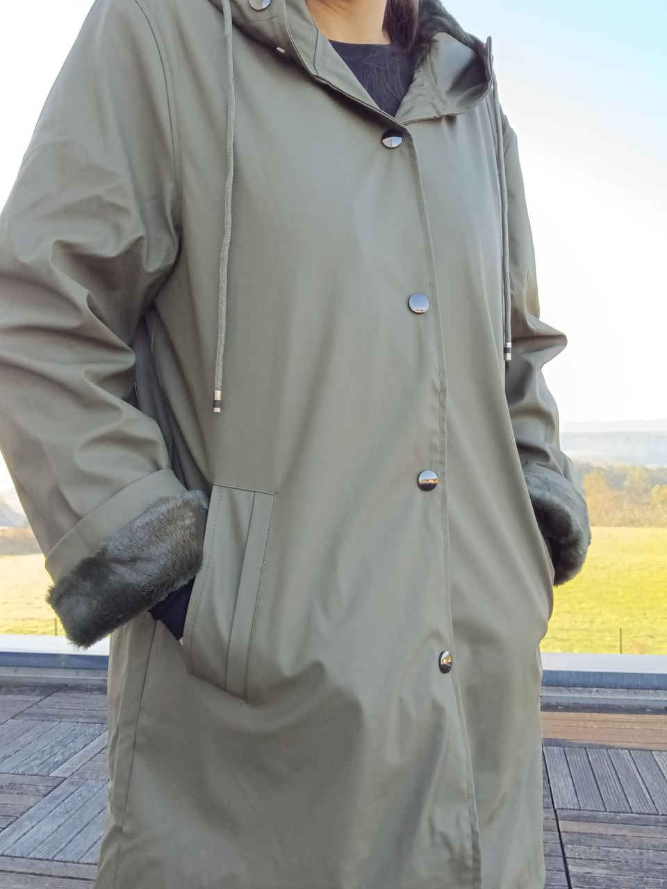 Manteau ciré long fourré imperméable kaki