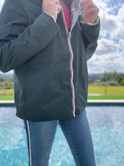 Laura Jo - Imperméable réversible court garnissage ouate mi-saison vert forêt / doré