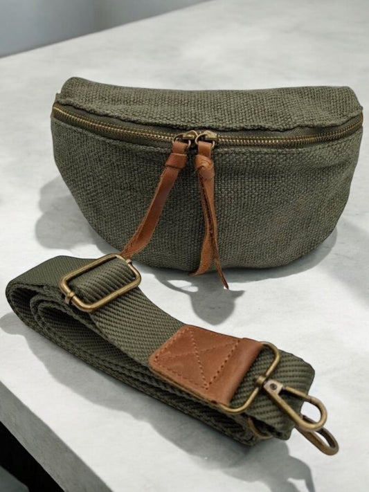 Nouveautés - Sac banane en jute vert kaki 1 poche doubles curseurs