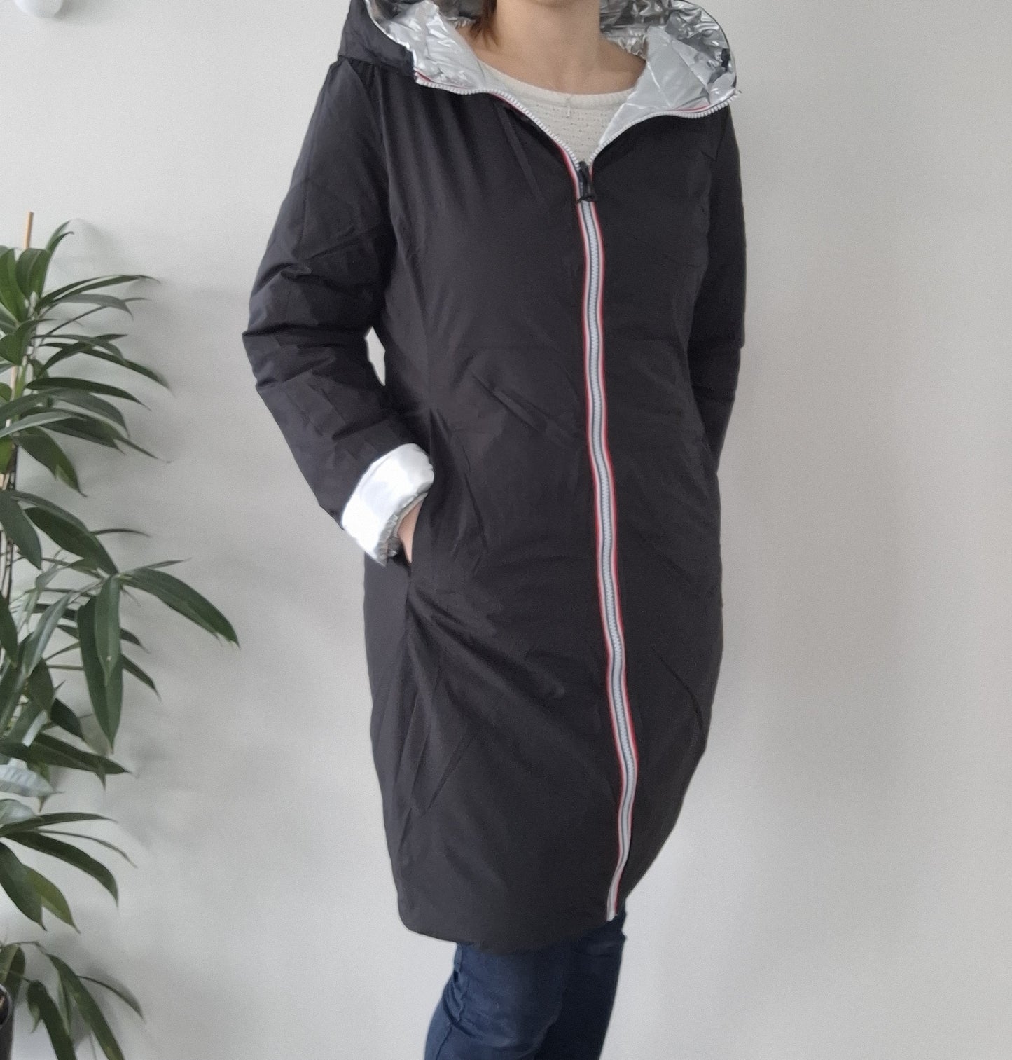 Doudoune manteau imperméable long noir réversible matelassé argenté