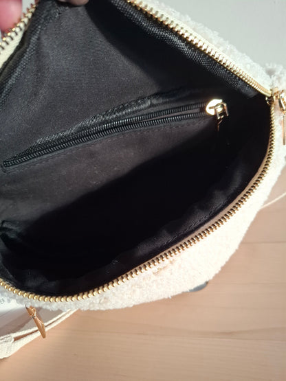 Sac banane peluche moumoute 2 poches blanc cassé