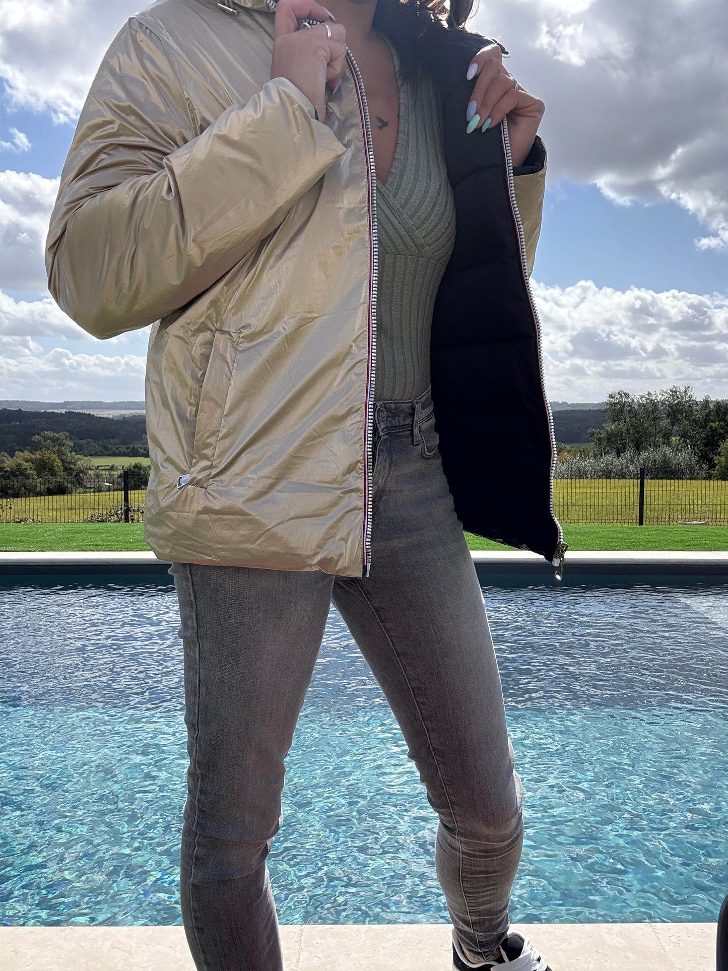 Doudoune manteau imperméable court réversible matelassé noir doré