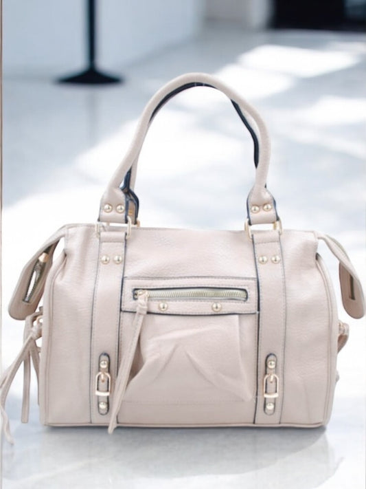 Sac à main (L) en simili cuir beige avec détails métalliques dorés