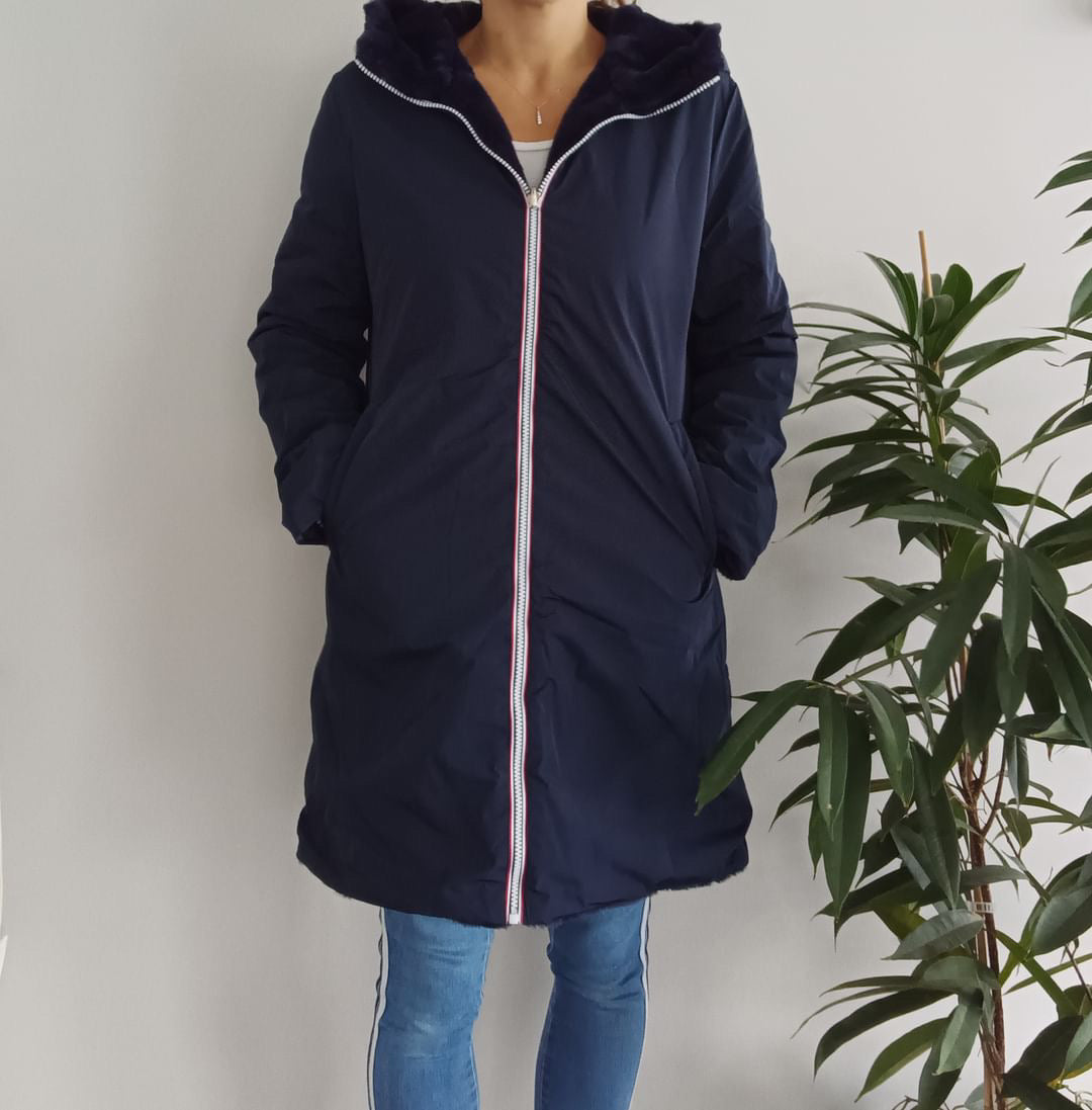 Melya Melody - Manteau long fourré fausse fourrure réversible imperméable bleu marine