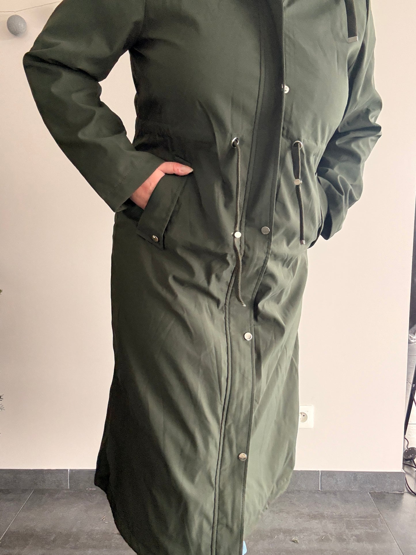 Manteau long type trench ciré hauteur genoux kaki fourré imperméable - Curvy