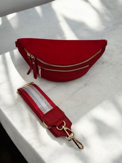 Sac banane velours côtelé 2 poches rouge sangle fantaisie