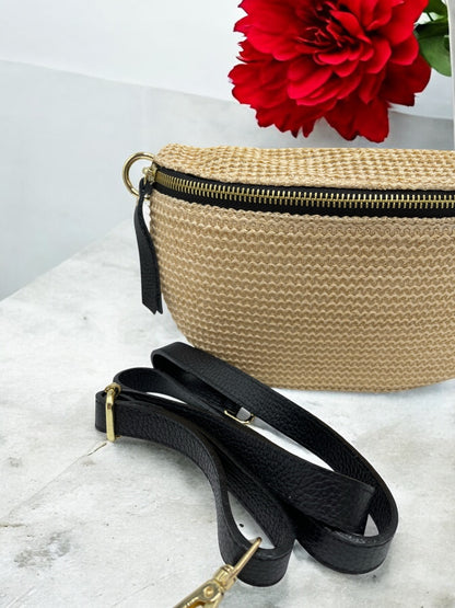 Sac banane tissu effet paille bandouliere noir en cuir