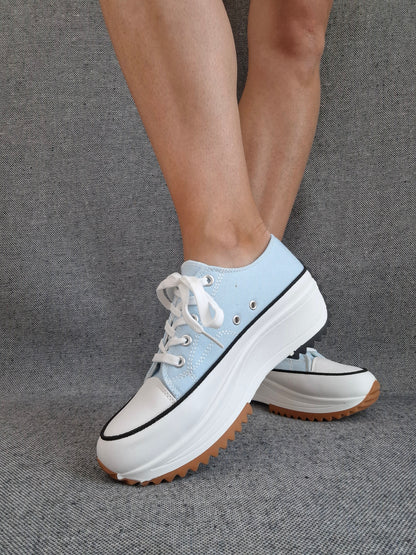 Chaussures baskets basses plate-forme tissu toile bleu