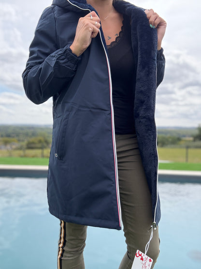 New Lolo - Manteau long bleu marine réversible imperméable fourré fausse fourrure - Curvy