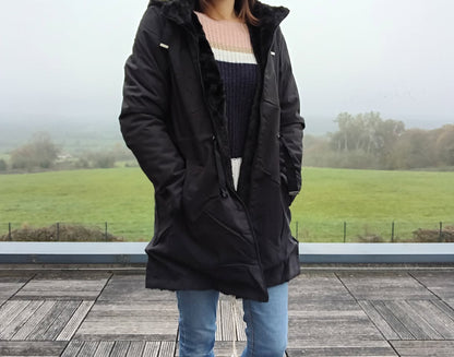 New Lolo - Manteau long NOIR zip uni réversible, imperméable et complètement fourré resserrable à la taille