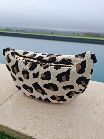 Sac banane en tissu toucher jute beige imprimé léopard