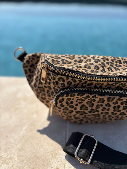 Sac banane en tissu imprimé léopard camel 2 poches