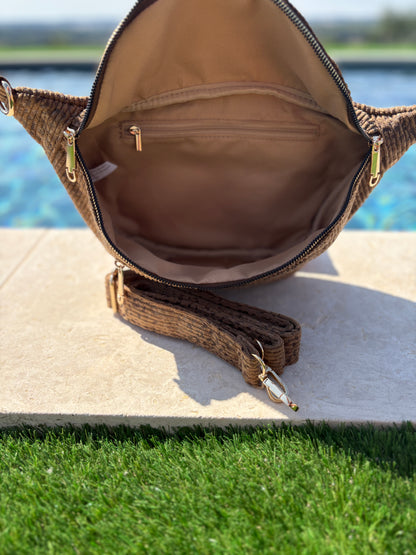 Sac banane XL en velours côtelé taupe imprimé léopard 2 poches