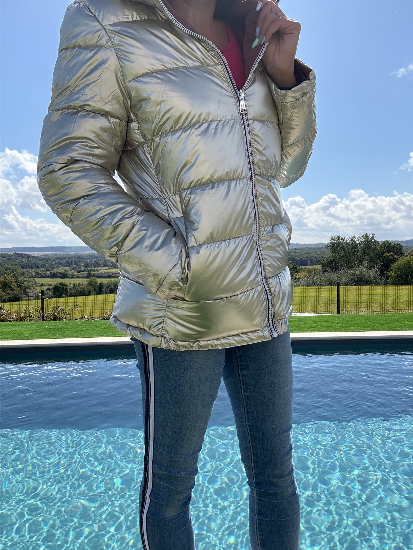 Melya Melody - Manteau court réversible et imperméable matelassé marron chocolat/doré