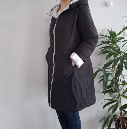 Doudoune manteau imperméable long noir réversible matelassé argenté