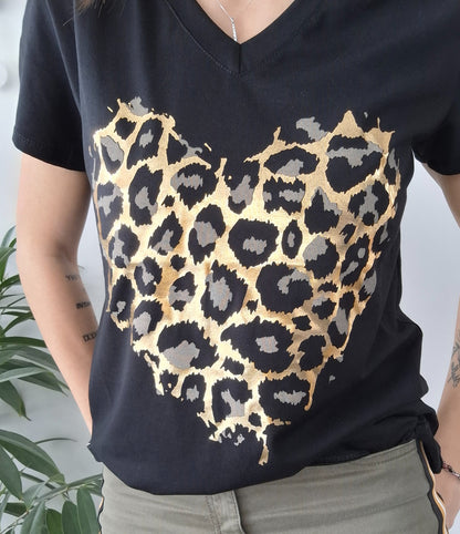 T-shirt noir en coton à motif coeur léopard