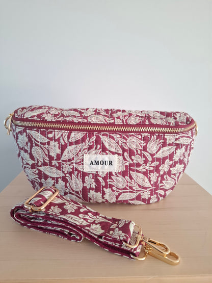 Sac banane coton matelassé liberty floral toile de jouy rouge bordeaux et blanc
