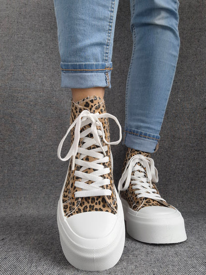Chaussures baskets hautes en tissu toile leopard marron beige semelles compensées