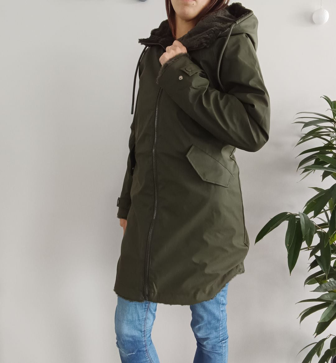 Melya Melody - Manteau long mi cuisses type ciré imperméable fourré réversible kaki