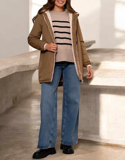 Laura Jo - Imperméable fourré long fausse fourrure camel intérieur sherpa beige