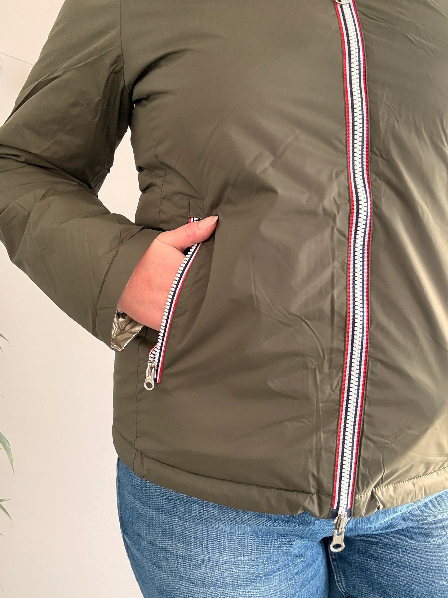 Laura Jo - Manteau doudoune courte matelassé réversible imperméable kaki doré avec capuche