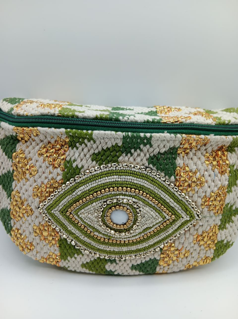 Sac banane tissu et perles vert jaune ecru