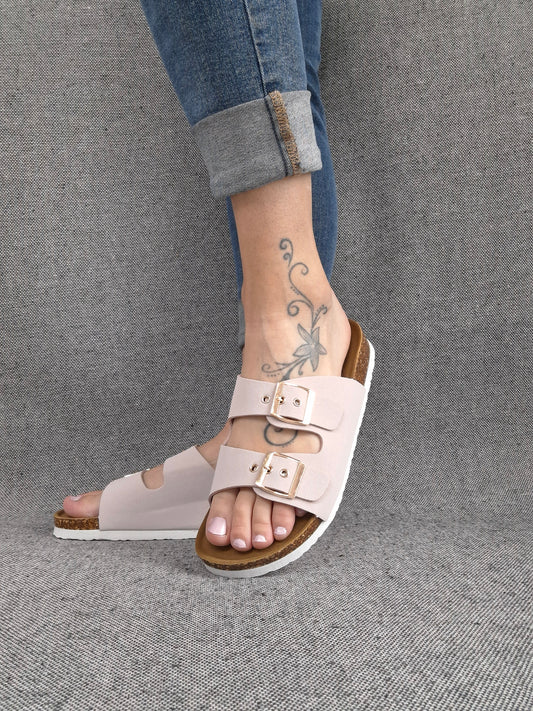 Chaussures sandales roses pastels à doubles lanières avec boucles métalliques style Birkenstock