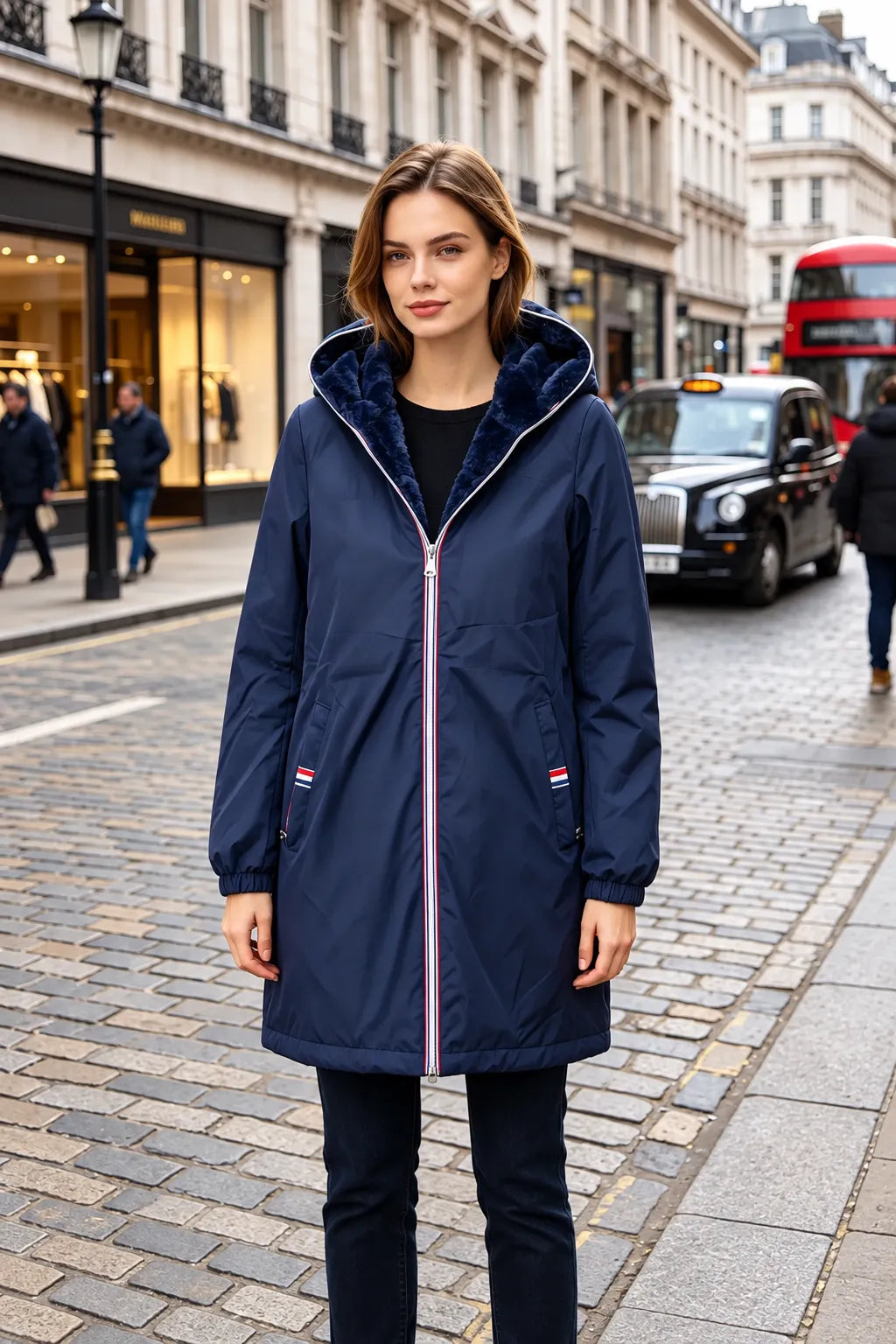 Manteau réversible entièrement fourré bleu marine femme