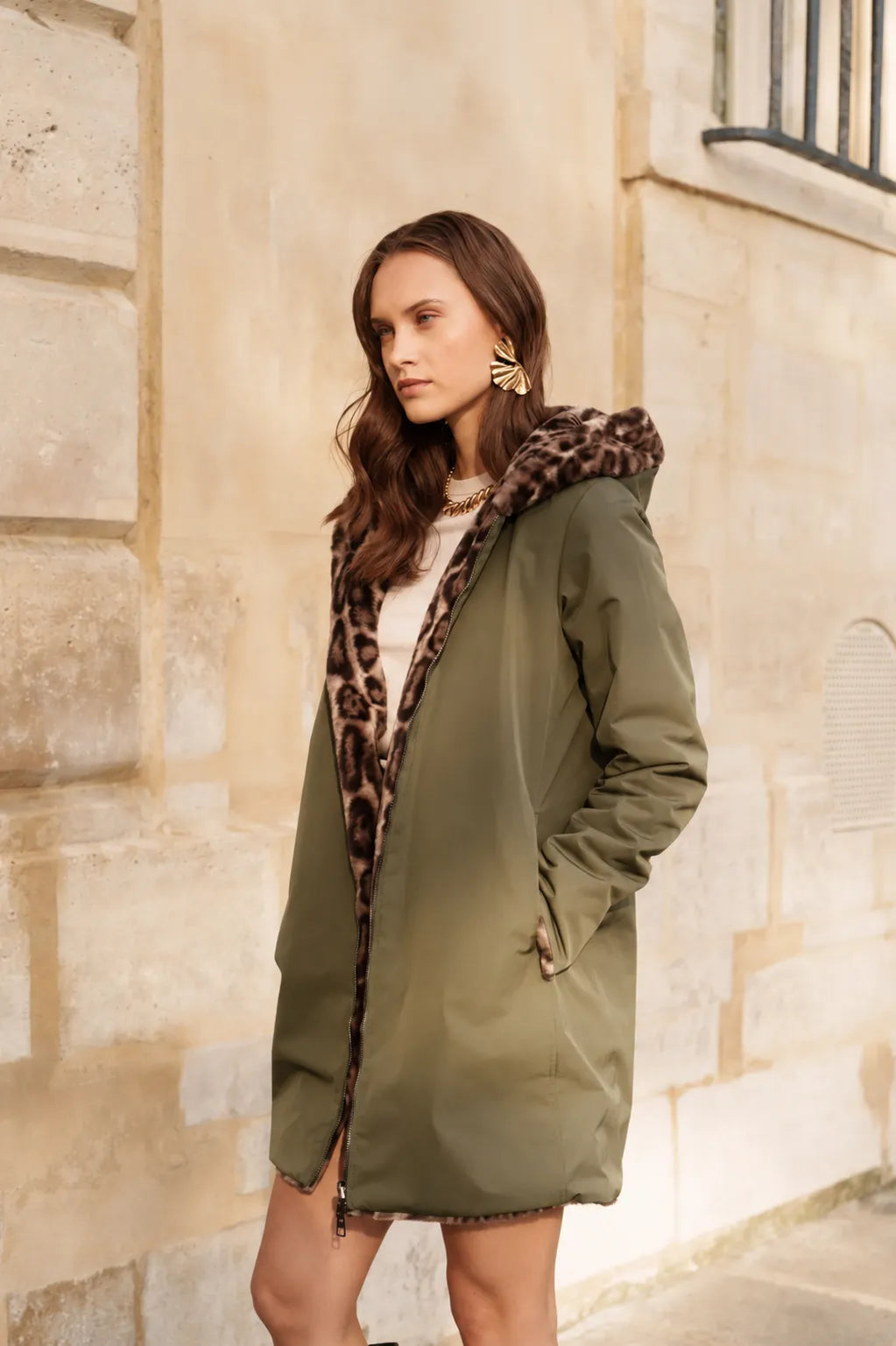 Parka Réversible Fourrée Kaki & Léopard